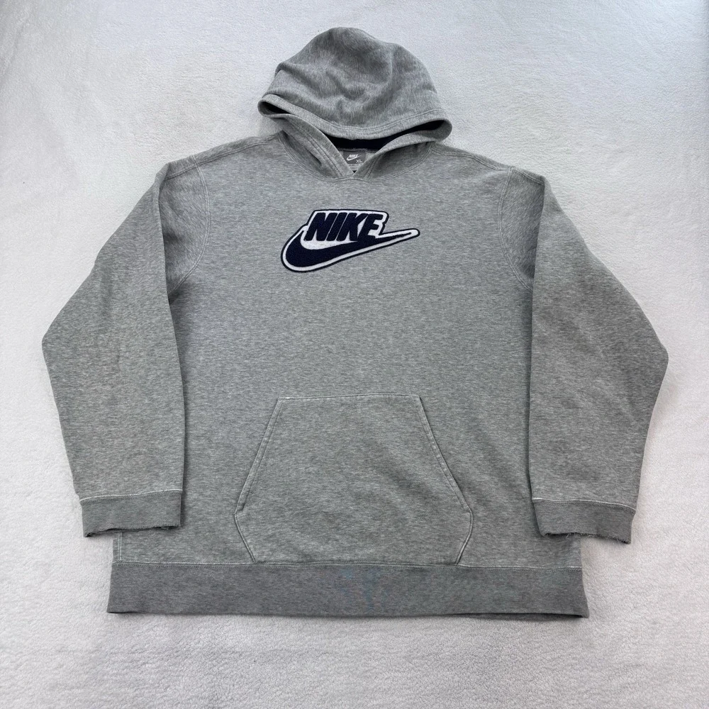 VTG Nike Hoodie Pullover XL Gray Big Center Swoosh Embroidered Spellout LS Y2K
